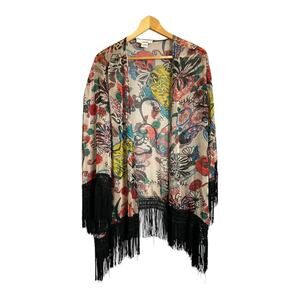 San Souci Kimono Fringed Piano Shawl Jacket Wrap L Large Sheer Floral Boho